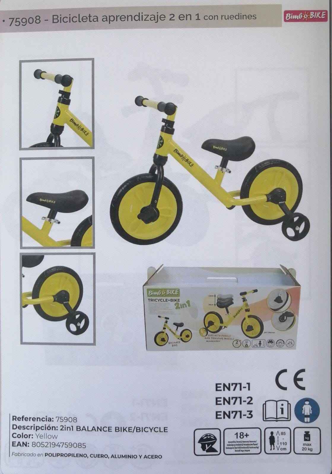 BICICLETA DE APRENDIZAJE 2 EN 1, SIN PEDALES Y CON RUEDINES DESMONTABLES, AMARILLA, 18+, 20KG MAX