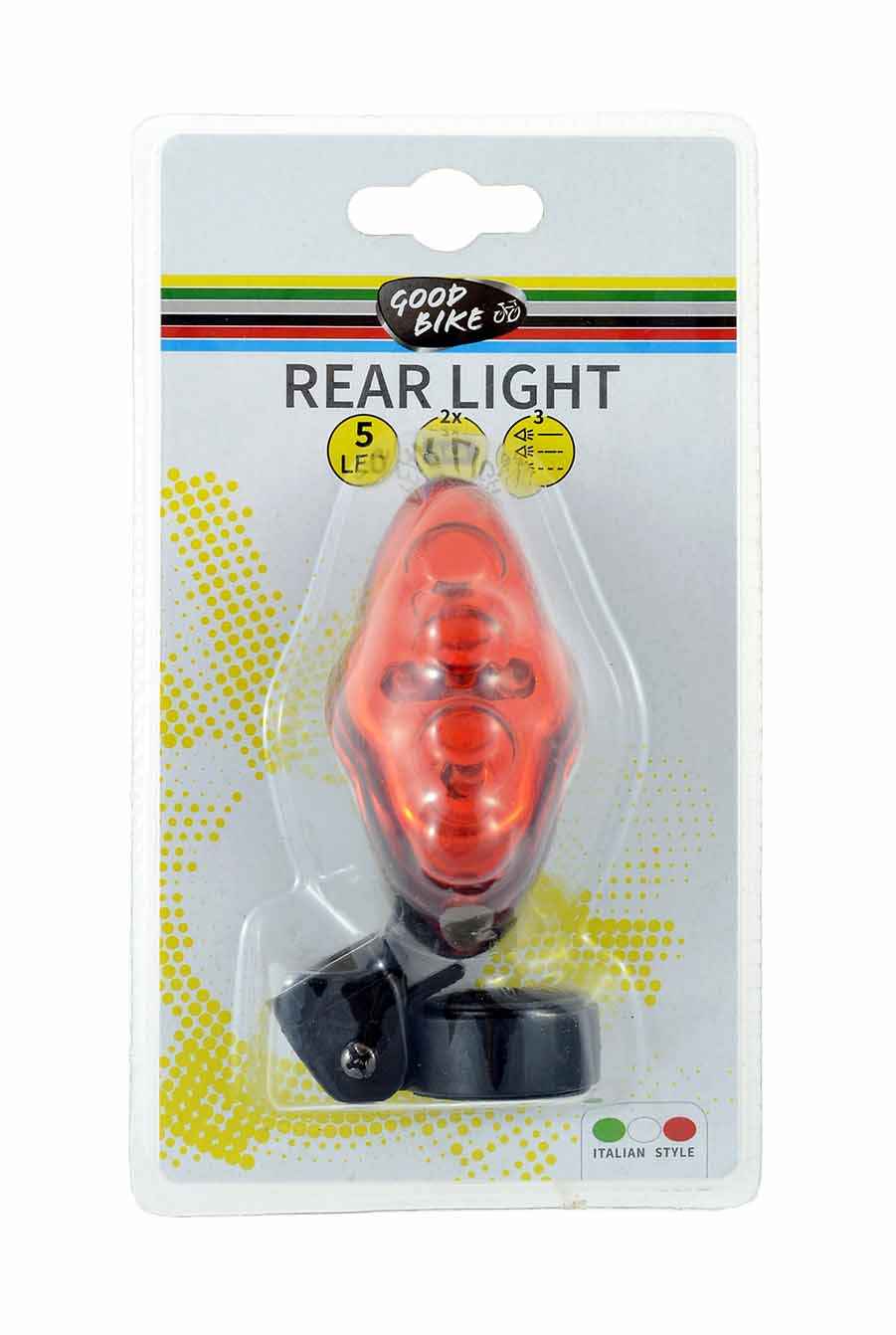 LUZ TRASERA ROJA 5 LEDS 3 FUNCIONES: MANUAL, INTERMITENTE Y CONSTANTE. NO INCLUYE BATERIA