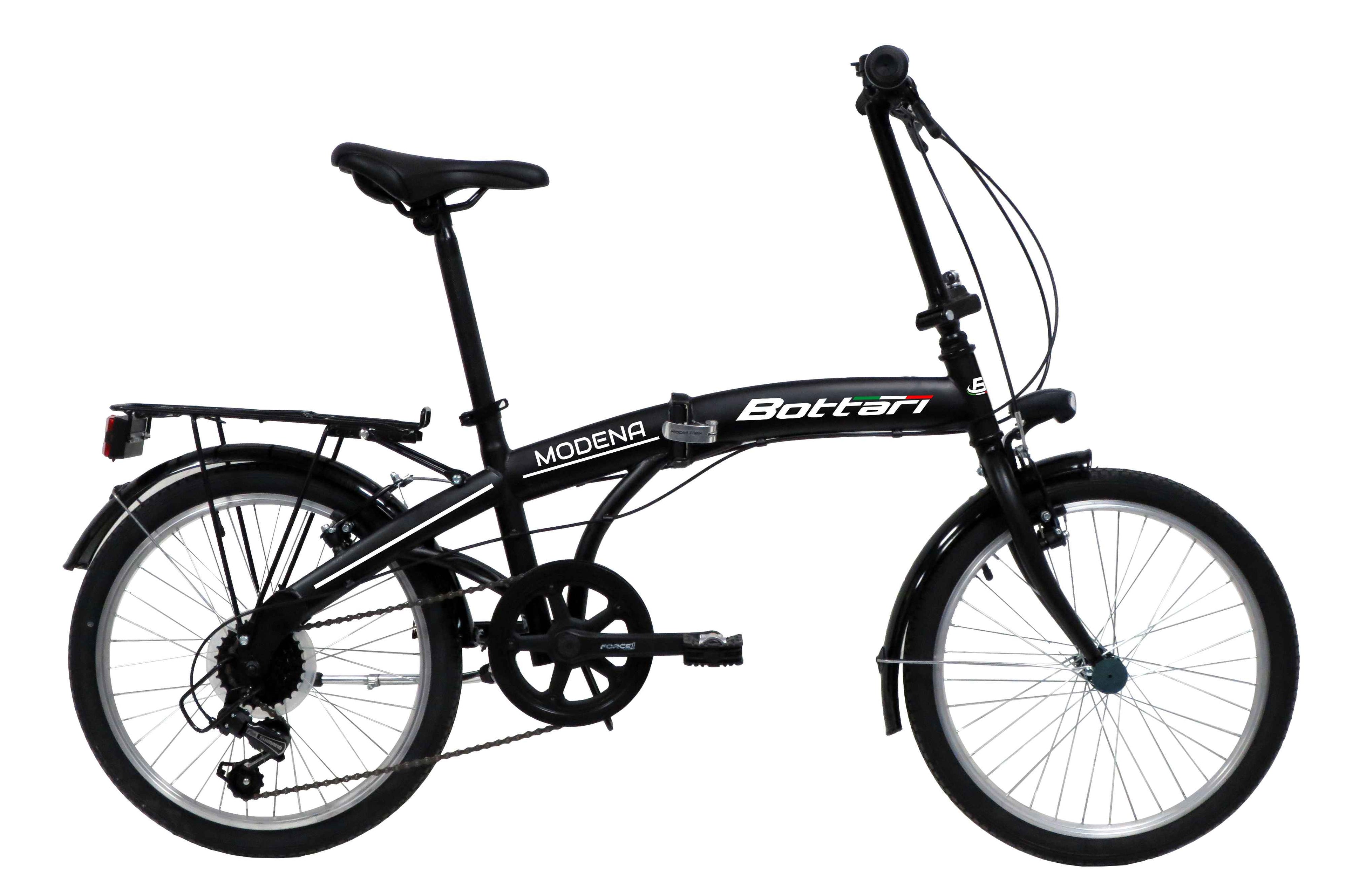 Bicicleta PLEGABLE 20" 6 VELOCIDADES "MODENA" SHIMANO TY21 CUADRO DE ACERO CON PORTADOR Y GUARDABARROS - COLOR NEGRO