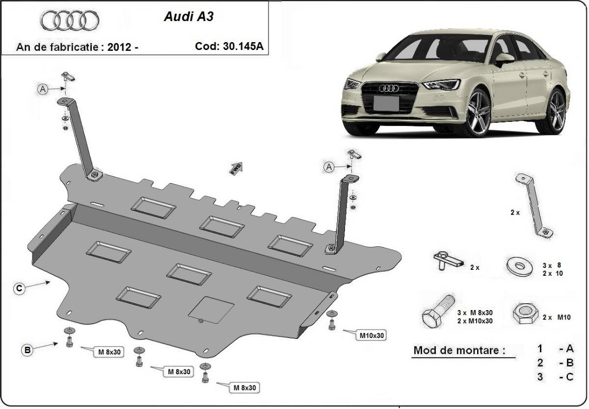 Cubre cárter metálico Audi A3 (8V) - Caja de Cambios Automática "30.145A" (2012-actualidad) a medida