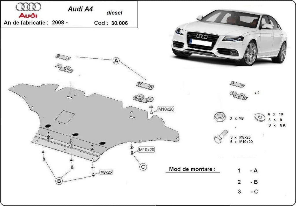 Cubre cárter metálico Audi A4 B8, Diesel (2008-2014) a medida
