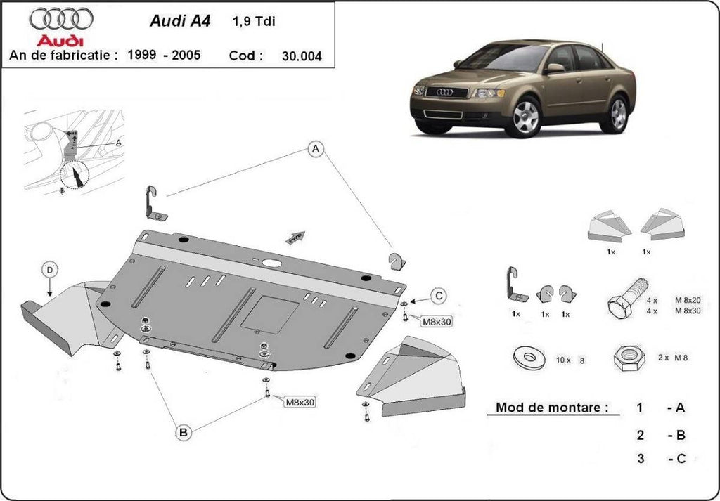 Cubre cárter metálico Audi A4 B6, 1.9 Tdi (1999-2005) a medida