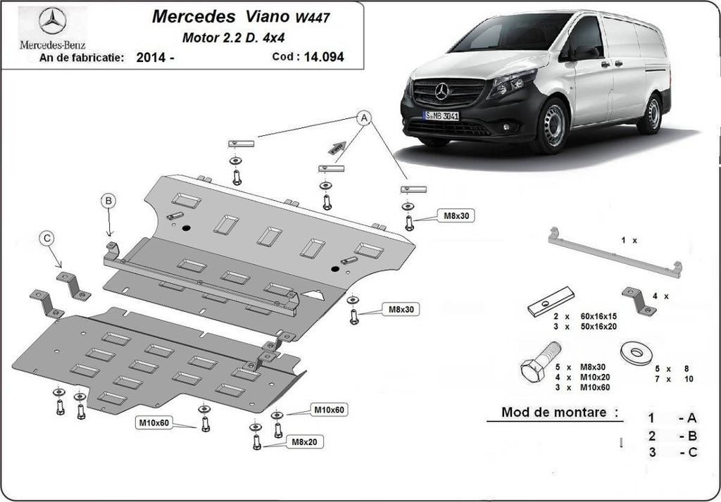 Cubre cárter metálico Mercedes Viano W447, 2.2 D, 4x4 (2014-2022) a medida