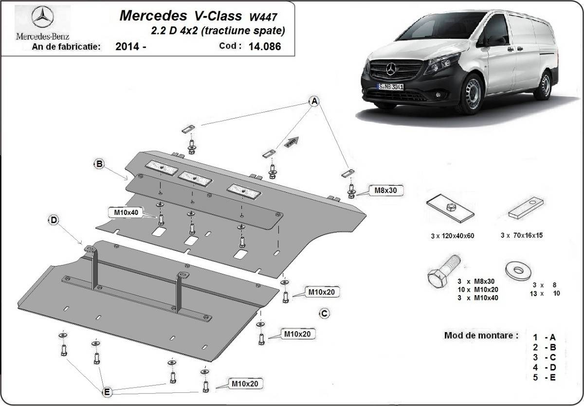 Cubre cárter metálico Mercedes Clase V W447 2.2 D, 4x2 (2014-2022) a medida