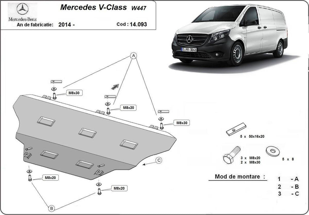 Cubre cárter metálico Mercedes Clase V W447, 4x2, 1.6 D (2014-2022) a medida