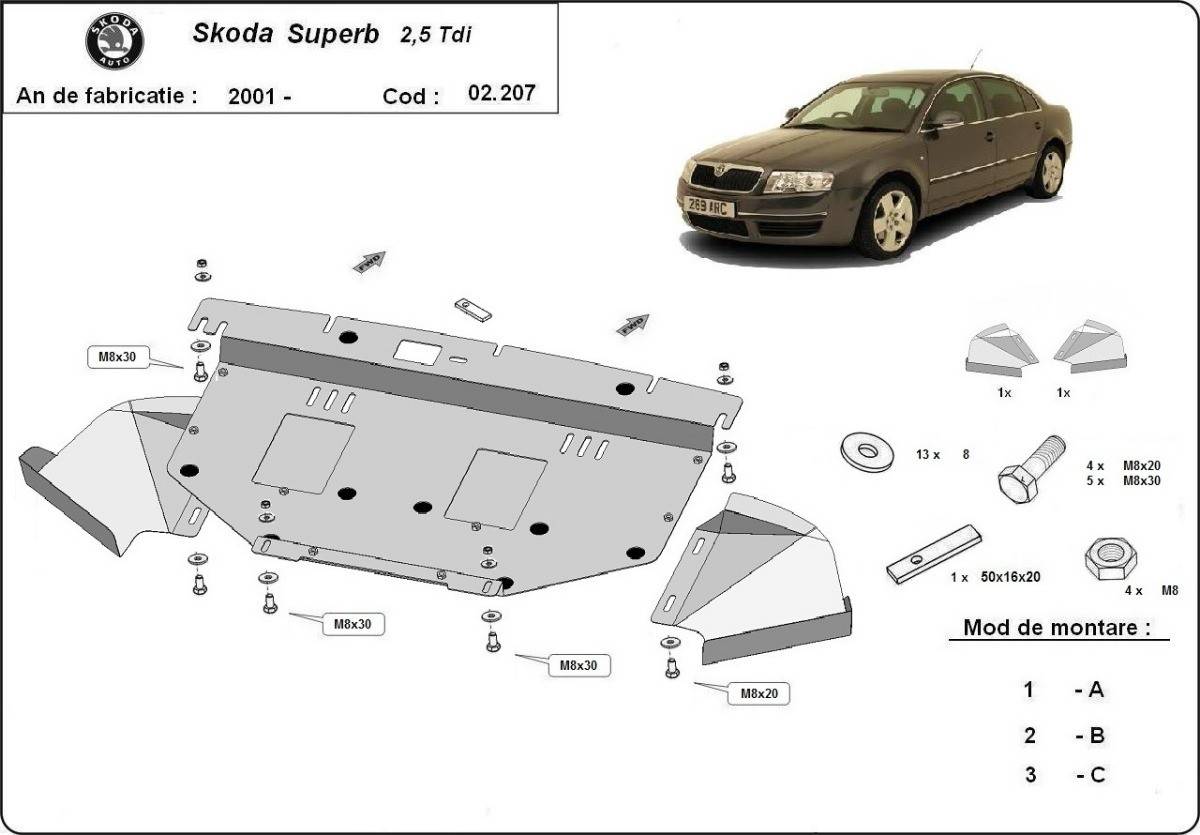Cubre cárter metálico Skoda Superb - 2.5 Tdi, V6 (2001-2008) a medida